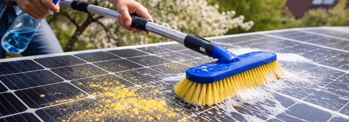 nettoyage de panneaux solaires au printemps avec brosse pour enlever pollen et poussières