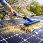 nettoyage de panneaux solaires au printemps avec brosse pour enlever pollen et poussières