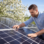 inspection de panneaux solaires au printemps sur un toit de maison sous une lumière claire